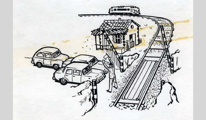 Dibujo de paso a nivel con barreras parando la circulacin (1969). Archivo Histrico Ferroviario FF-0738