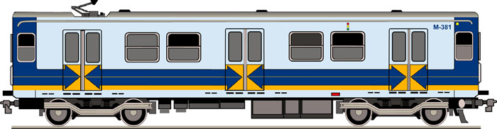 Coche 300 2� Serie. Puesta en funcionamiento en 1976. Alcanzaba una velocidad m�xima de 65 Km/h. Constructor CAF. Al igual que los trenes 300 de primera serie circulan en el F.C. Suburbano y por ello estaban decorados con los colores de Feve.