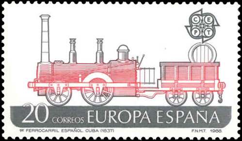 Sello conmemorativo del sesquicentenario del primer ferrocarril espa�ol: La habana-Guines, 1988.