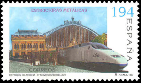 De la serie estructuras metlicas, se emiti este sello con una composicin Ave saliendo de Atocha.
