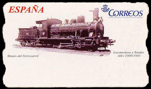 Sello con una locomotora y su t�nder de 1900, preservada en el Museo del Ferrocarril de Madrid.