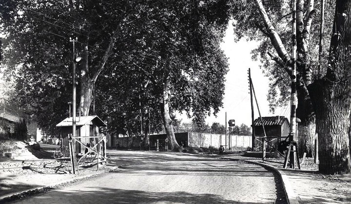 L�nea de Barcelona-Vilanova a Alsasua, estaci�n de L�rida. Paso a nivel con la carretera de Gra�ena. Barrera "de puerta" (1950). Archivo Hist�rico Ferroviario SE-IF-0835