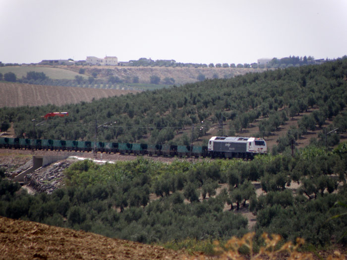 El tren de tolvas se aproxima al apartadero de Montemayor